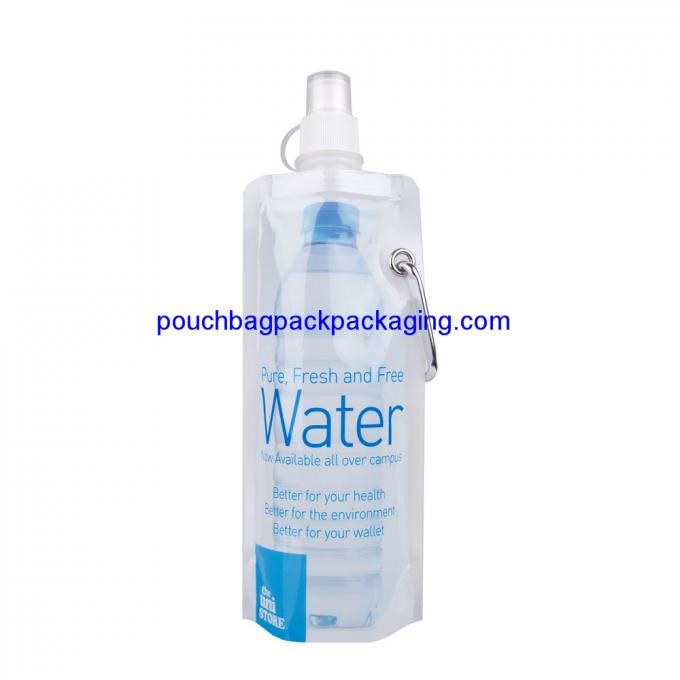 Portable stand up water pouch, folding water bottle, barrier feature and Plastic Material